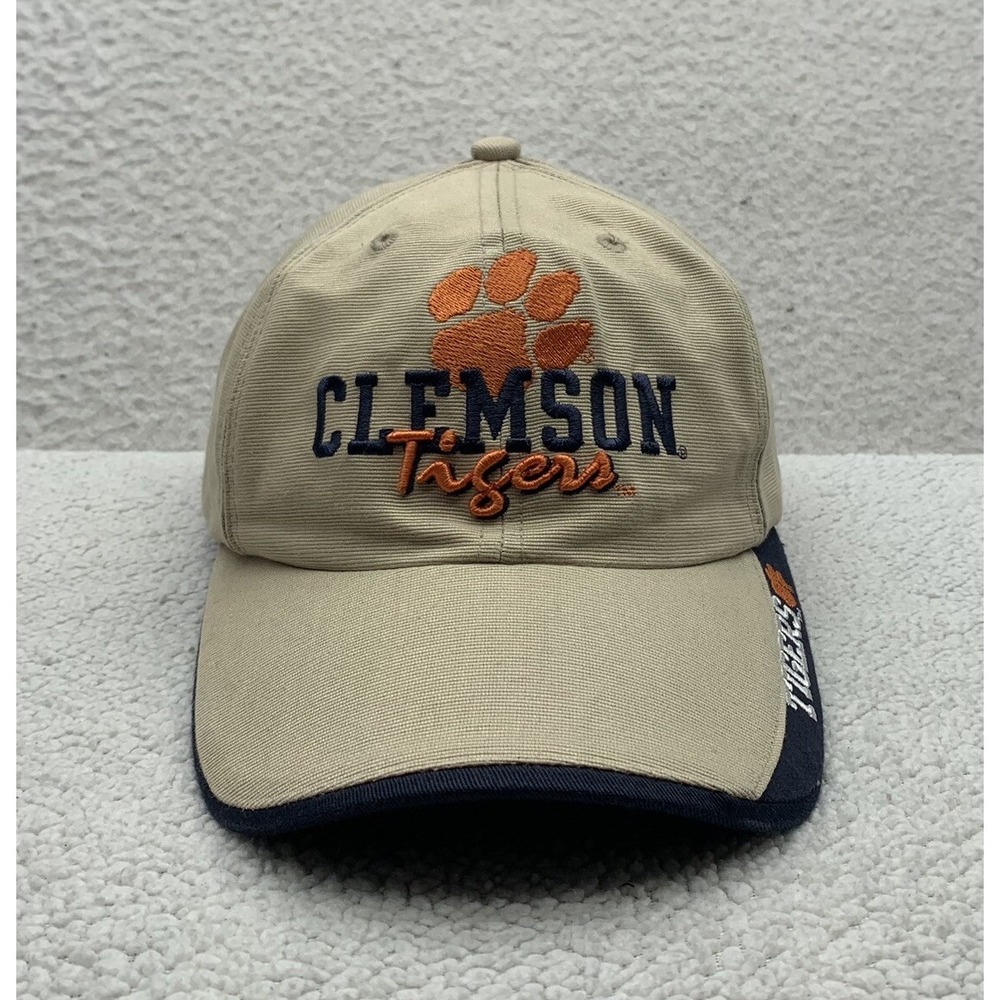 Clemson Tigers‎ Baseball Hat Mens Hook Loop OSFM Tan Navy Blue Script NCAA ACC
